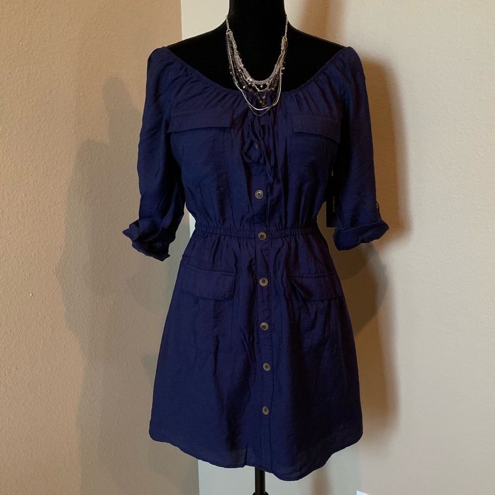 Etta Navy Blue Button Front Off-the-Shoulder Dress